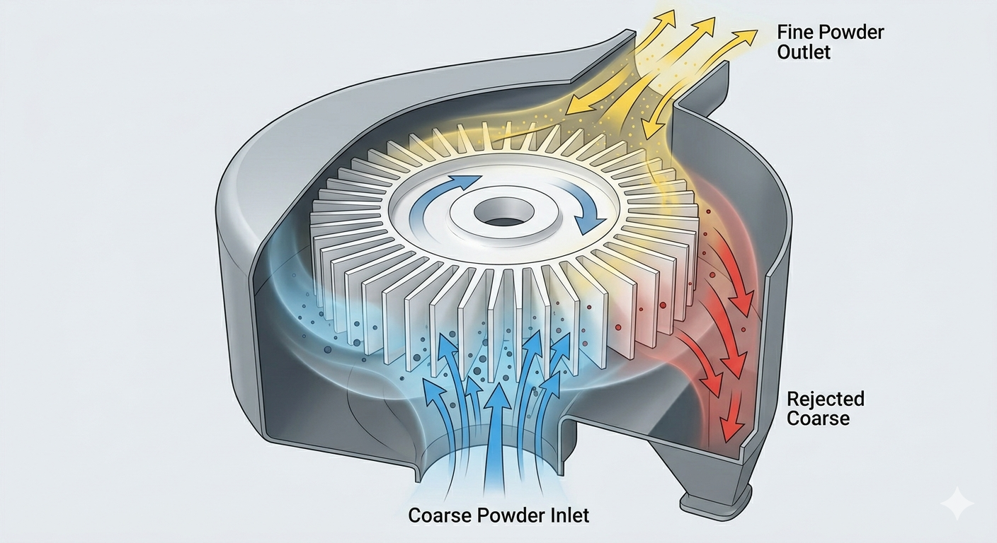 Figure 6: CRAC ceramic grading wheel (classifier wheel) for air jet mill applications &mdash; zirconia construction eliminates metal contamination in ultra-fine powder processing, maintaining product purity at sub-ppm levels for battery materials, pharmaceutical APIs, and advanced ceramic powders.